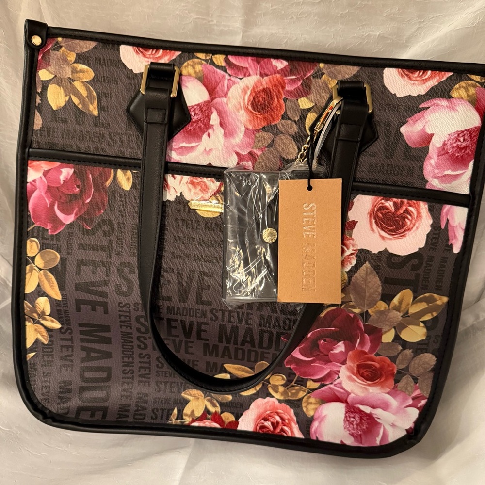 Steve Madden Floral Tote DR128400 BLKFLORAL BSIDRA Rose Pink Black Brown large 👜